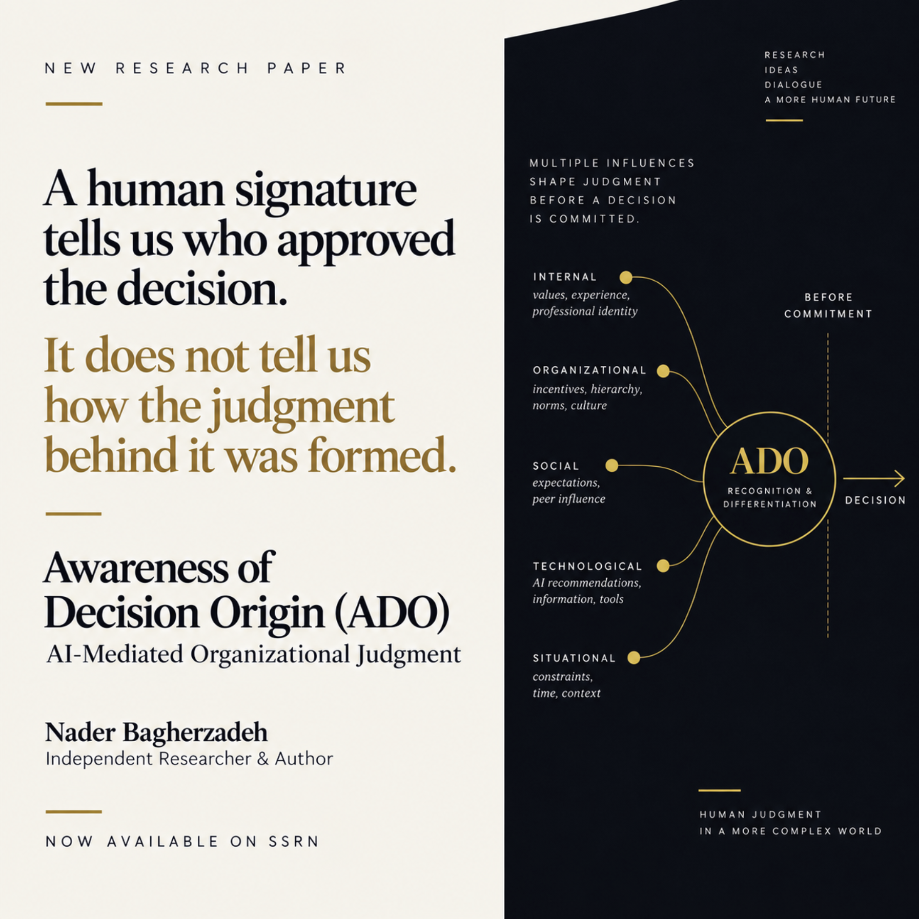 Nader Bagherzadeh research paper on Awareness of Decision Origin in AI-Mediated Organizational Judgment, published on SSRN in 2026.