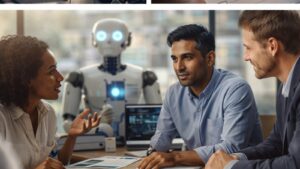 جلسه تصمیم‌گیری تیمی در کنار هوش مصنوعی؛ نماد رهبری اخلاقی در عصر AI | RareImpactGlobal