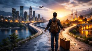 تصویر مردی در دوراهی میان دو فضای متفاوت؛ نماد شکاف هویتی و تصمیم‌گیری در دیاسپورا | RareImpactGlobal
