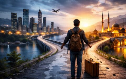 تصویر مردی در دوراهی میان دو فضای متفاوت؛ نماد شکاف هویتی و تصمیمگیری در دیاسپورا | RareImpactGlobal