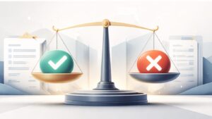 تصویر مینیمال ترازوی تصمیم با علامت تأیید و رد؛ نماد مرزبندی اخلاقی و مسئولیت در کوچینگ | RareImpactGlobal