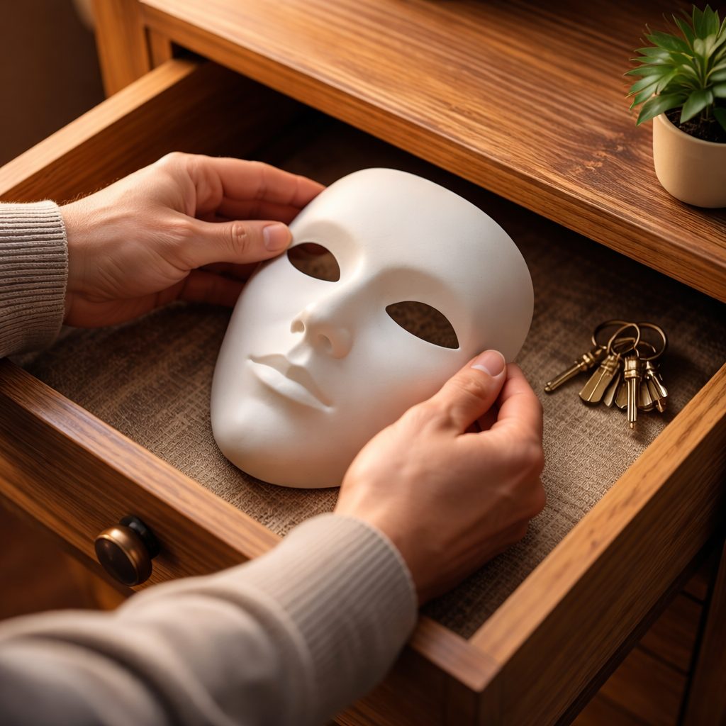  تصویر کنار گذاشتن ماسک به‌عنوان نماد نقاب‌برداری و بازگشت به اصالت درونی | RareImpactGlobal